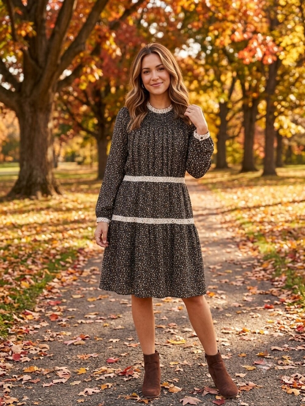 Downeast Floral Smocked Long Sleeve Tiered Midi Dress Black Medium Dark Academia